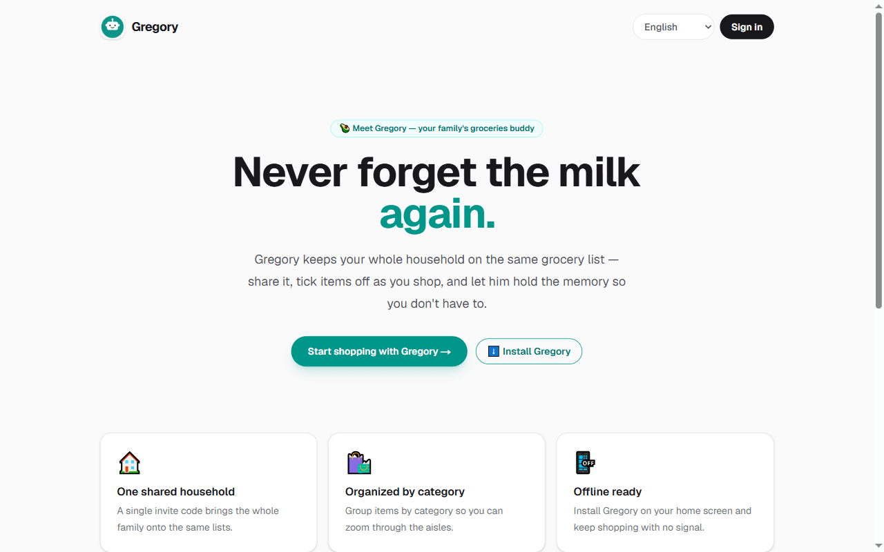 Gregory homepage with the headline 'Never forget the milk again.' and cards for shared households, category grouping and offline use.